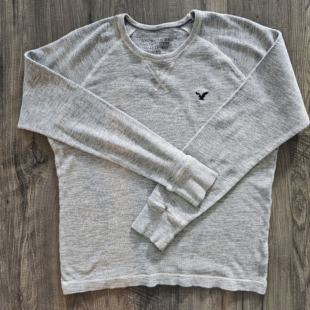 szM Heather Gray Crewneck Thermal Sweater Waffle Knit Ribbed Details Retro Y2K